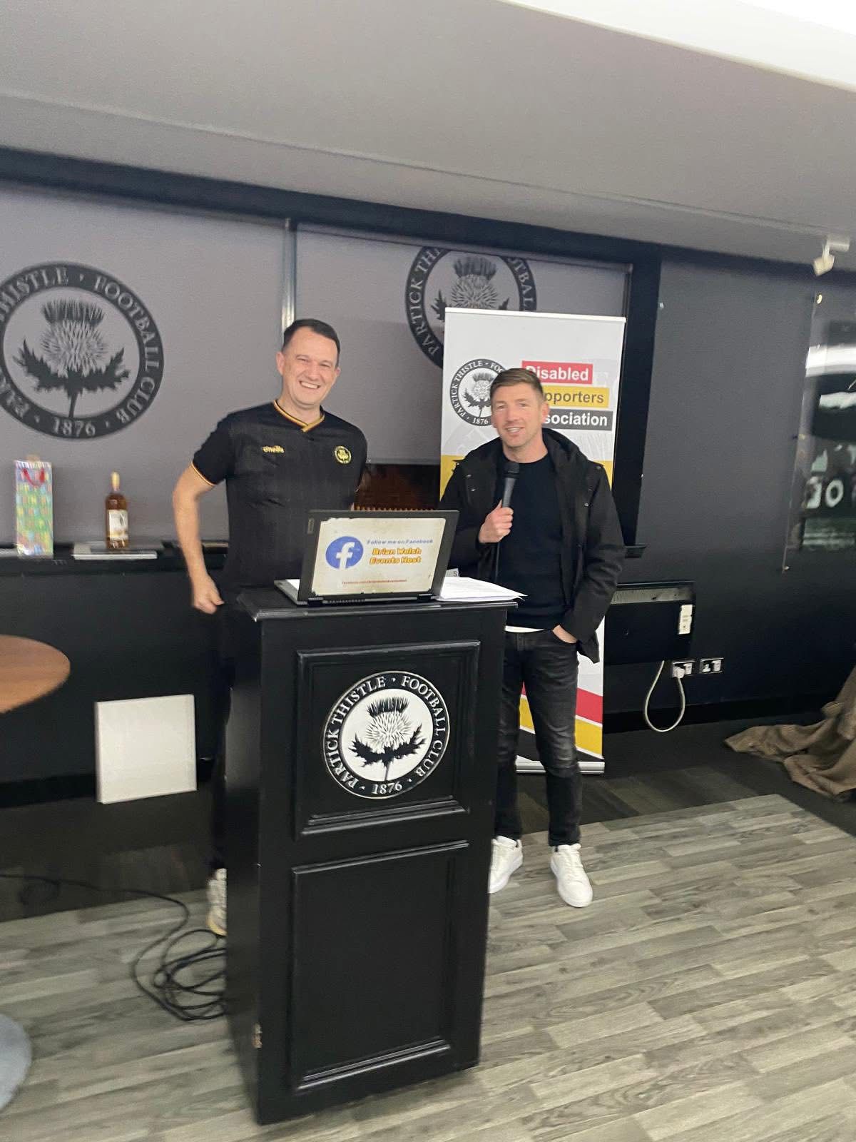 Brian Welsh hosting the 2026 quiz night interviewing Thistle manager Mark Wilson
