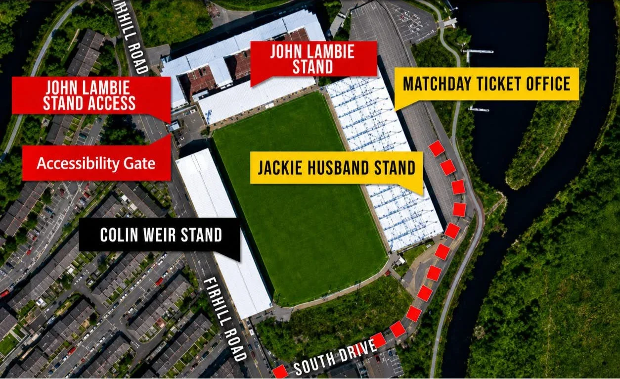 Aerial map of Firhill. The John Lambie Stand and accessibility gate are at the north end; the Colin Weir Stand runs along Firhill Road; the Jackie Husband Stand is opposite, with the matchday ticket office just outside it, north of the halfway line.